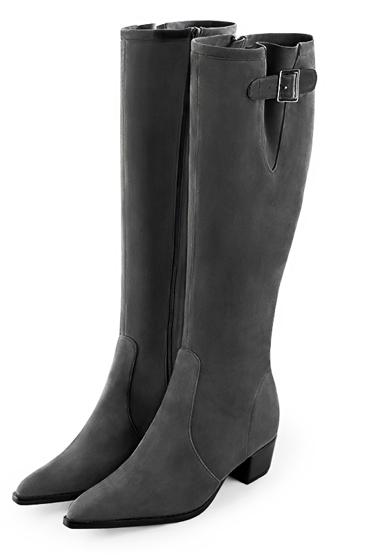 Dark grey women's knee-high boots with buckles. Tapered toe. Low cone heels. Made to measure. Front view - Florence KOOIJMAN